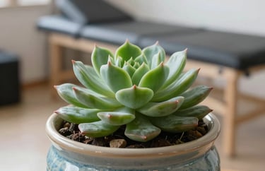 Close-up of a small, vibrant green succulent plant in a ceramic pot with a muted blue pattern, placed in a bright, modern therapy room.