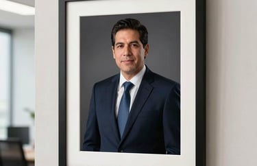 A framed professional diploma hanging on a clean, off-white wall in a modern Latin American office, subtly lit.