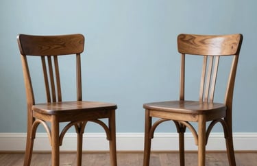 Two elegant wooden chairs facing each other in a peaceful room with pale blue accents, symbolizing the space for a dialogue between psychologist and patient.