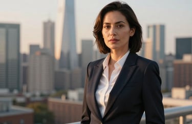 A professional portrait of a woman in business attire, standing in front of a blurred urban skyline in a North American city during golden hour, looking confident and approachable.