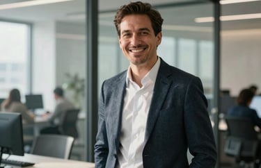 A portrait of a male strategist in professional business-casual clothing, smiling warmly inside a sunlit, modern North American workspace with glass partitions.