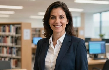 A portrait of an education specialist in professional attire, standing in a brightly lit, modern North American library with books and digital screens in the background.