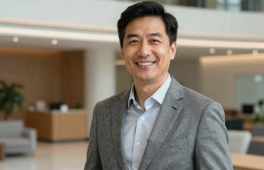 A professional headshot of an advisor in a grey blazer, smiling in a modern office lobby in a North American metropolis, with warm lighting and a soft-focus background.