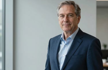 A sharp, professional headshot of a senior executive in a dark blue suit, set against a minimalist light grey wall in a North American office building.