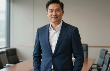 A portrait of a male philanthropic director in a navy blue suit, standing in a professional North American boardroom with soft, natural lighting.