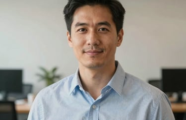 A professional headshot of a man in North American business casual attire, with a soft-focus background of a clean, modern workspace.