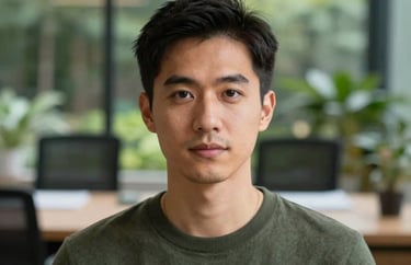 A professional headshot of a person in a charcoal green sweater, set against a blurred background of a North American garden office.