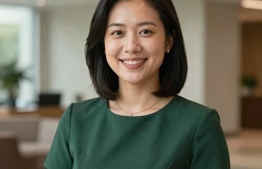 A professional headshot of a team member in a dark green dress, with the soft-focus interior of a North American corporate lobby behind them.