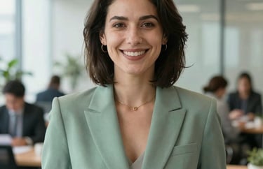 A professional portrait of a woman in a sage green blazer smiling in a bright North American office setting, looking approachable and confident.