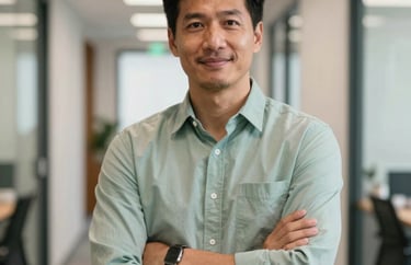 A professional portrait of a consultant in a light green shirt standing in a well-lit North American office corridor, radiating confidence.