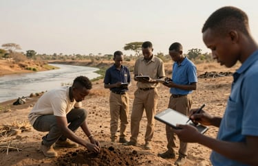 Wide candid shot of a small team of young African researchers doing field work outdoors, one taking soil samples beside a dry riverbed, another recording data on a tablet, golden-hour light, dry savanna landscape in background