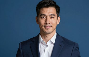 Professional studio headshot of a male sports executive in a dark navy blue suit, set against a simple royal blue background. The style is modern and professional, fitting for a North American / US Southern business environment.