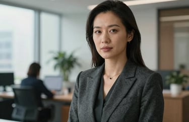Professional headshot of a female leader in a charcoal professional outfit. Soft light, focused expression, set in a modern North American / US Southern office environment.