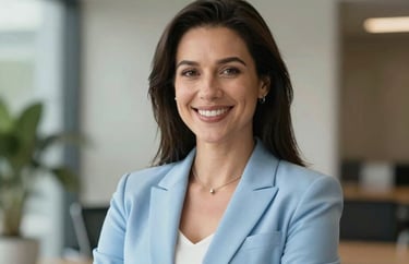 Professional headshot of a female administrator in a light blue blazer, smiling confidently. High-key lighting, modern professional photography style suitable for North American / US Southern collegiate leadership.