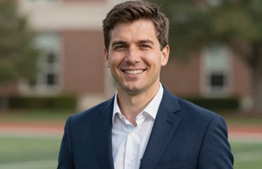 Professional headshot of a younger sports administrator in a navy blue blazer. Energetic and modern lighting style, North American / US Southern collegiate setting.