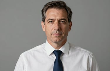 Headshot of a middle-aged professional man in a crisp white shirt and dark navy blue tie. Clean composition, professional lighting, representing leadership in a North American / US Southern context.