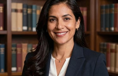 A professional portrait of a South American woman in an elegant library with dark brown bookshelves, looking directly at the camera with a welcoming expression.