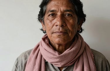 A portrait of an art historian in a South American context, wearing an elegant dusty rose scarf, standing before an off-white wall with soft shadows.