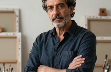 A portrait of a male art professor in a studio, surrounded by canvas and brushes, with a sophisticated and intellectual vibe in a South American setting.