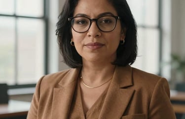 A portrait of a South American woman with glasses, dressed in professional warm brown attire, in a studio with large windows and soft daylight.