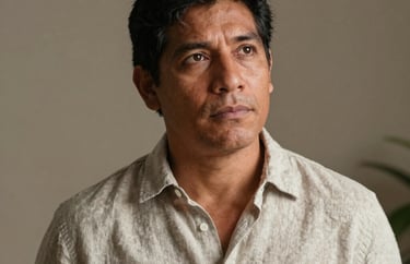 A portrait of a South American man with a thoughtful expression, wearing a linen shirt, in a minimalist room with taupe and off-white accents.