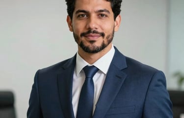 Professional headshot of a Brazilian male attorney in a well-tailored navy blue suit, standing in a brightly lit South American law office. Neutral light gray background, confident and approachable expression.