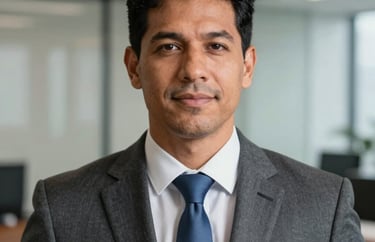 Professional headshot of a South American lawyer in a charcoal gray suit with a slate blue tie, looking professional and trustworthy. Clean, modern Brazilian office setting.