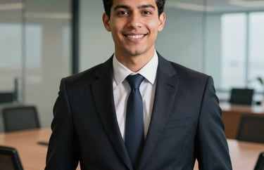 Professional headshot of a young Brazilian attorney in a smart dark suit, standing in a glass-partitioned modern meeting room. Professional South American corporate look.