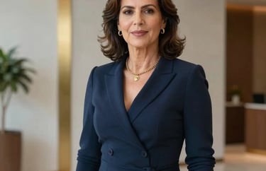 Professional headshot of a Brazilian senior paralegal in a sophisticated dress, standing in a high-end office lobby with gold and light gray accents.