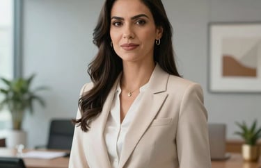 Professional headshot of a Brazilian female legal consultant in professional attire, standing in a contemporary office space with light gray walls and sophisticated decor.
