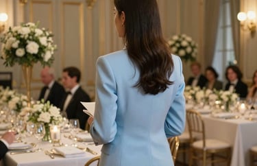 Photography of a professional event coordinator in a chic, light blue tailored suit, overlooking a beautifully arranged gala dinner hall in a historic Parisian mansion. The lighting is warm and welcoming. European / French style.