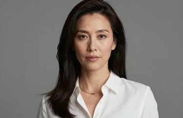 Professional portrait of a woman in a white blouse and gold necklace, clean minimalist studio lighting, professional and focused, North American style.