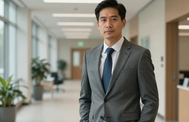 Professional portrait of a man in a grey suit, standing in a brightly lit hallway of a modern North American research institution, authoritative.