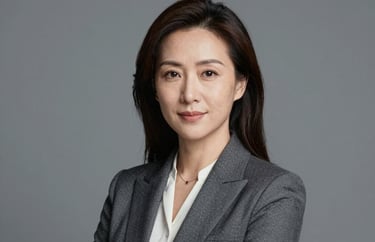 Professional portrait of a woman in distinguished business attire, soft grey background, authoritative and kind expression, North American style.