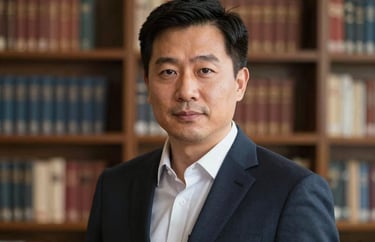 Professional headshot of a man in a dark navy suit, blurred library background with books, warm lighting, North American office setting.