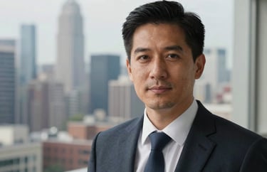 Professional headshot of a man in professional attire, soft natural light, blurred background of a city skyline from a high-rise office, North American context.