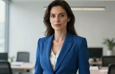 Professional portrait of a woman in a steel blue blazer, minimalist modern office background, soft daylight, North American corporate setting.