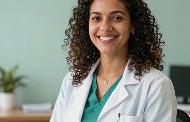 A smiling Brazilian health educator in a bright, clean office. The background is a soft greenish teal wall, emphasizing a calm and professional atmosphere.