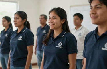 A group of South American volunteers in a bright room, engaged in a training session with focused and hopeful expressions. The aesthetic is clean and professional.
