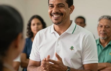 A Brazilian community leader speaking with kindness in a professional setting. The lighting is warm and hopeful, reflecting a humanitarian mission.
