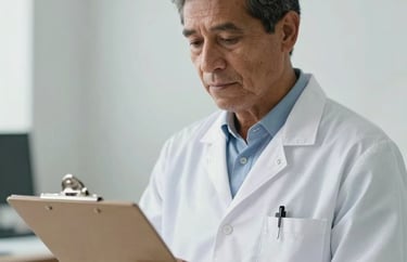 Photography of a healthcare professional in South America, wearing a clean white coat, looking at a clipboard with a professional and compassionate expression in a bright room.