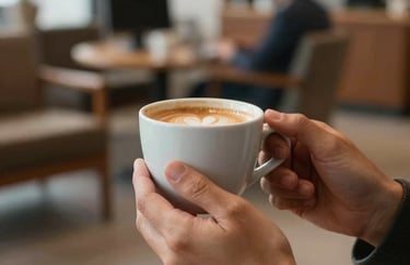 A close-up of hands holding a warm cup of coffee in a welcoming South American office lounge, symbolizing hospitality and comfort.