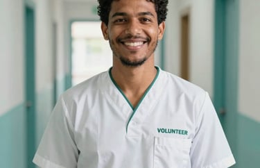 Portrait of a dedicated Brazilian volunteer worker in a clean professional uniform, smiling warmly in a bright hallway with soft teal accents.