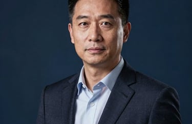 Professional portrait of a department head in a dark suit, standing against a dark blue background with a professional, serious demeanor, North American / US.