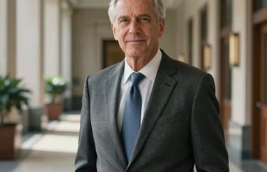 Professional portrait of a senior advisor in business attire, looking confident in a sunlit administrative hallway of a federal building, North American / US.