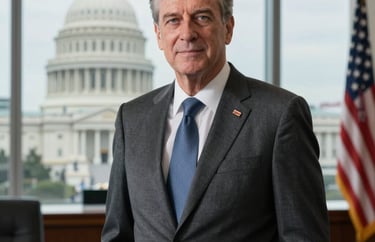 Professional portrait of a high-ranking federal official in a dark grey suit, standing in a bright, modern office with a blurred background of the US Capitol, North American / US.