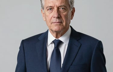 Professional portrait of a senior legal executive in a formal navy blue suit against a neutral light grey background, serious and authoritative expression, North American / US.