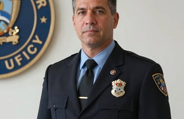 Professional portrait of a federal investigator in a dark suit, standing in front of a white wall with an official seal partially visible, North American / US.