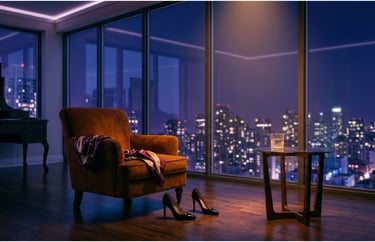 Luxury penthouse apartment at night featuring a velvet armchair and city skyline views.