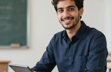 A secondary tutor, a young man, in a bright classroom setting holding a digital stylus, smiling towards the camera, Middle Eastern context, professional and inviting atmosphere.